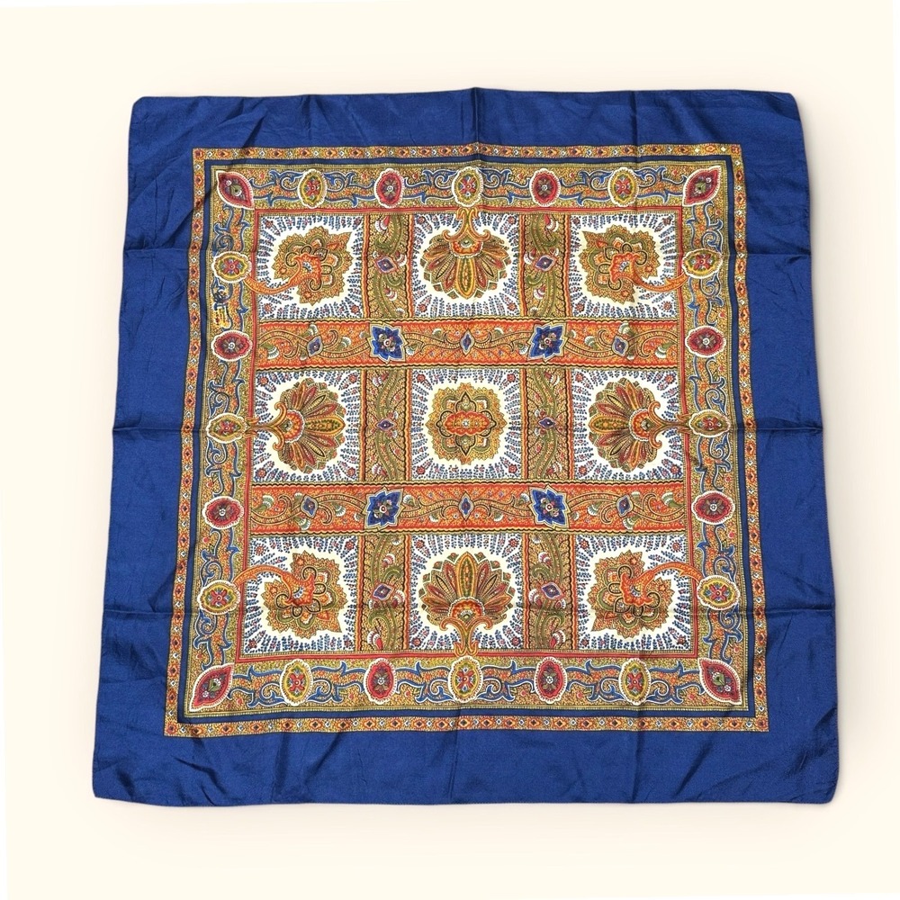Vintage Paisley Floral Medallion Square Scarf Navy Blue Gold Red 23x23 Scarf
